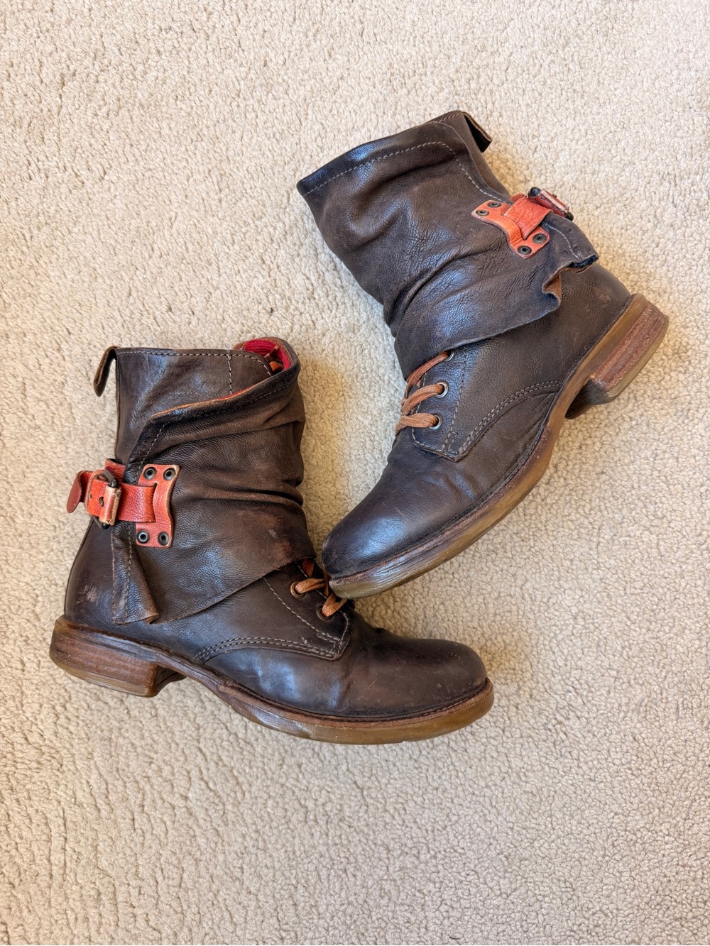 AS98 Airstep Vintage Brown Leather Ankle Boots with Accent Buckles Lace-Up 36